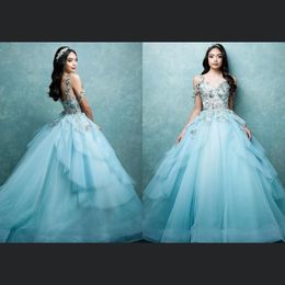 Quinceanera jurken baljurk spaghetti riemen kant applique kristal kralen blauwe tule ruches zoete 16 plus size formele prom avondjurken