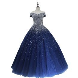 Robes de Quinceanera robes de bal princesse gonflée bleu royal foncé tulle mascarade douce 16 robes dos nu robes de soirée de bal DH4065