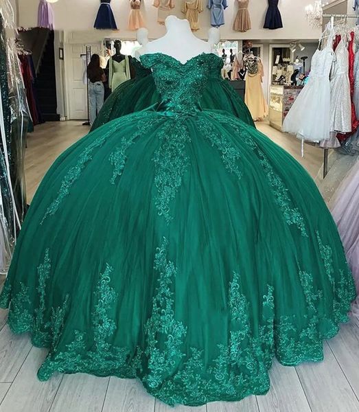 Vestidos de Quinceanera Partido verde oscuro Vestido de baile de baile Fuera de hombros Nuevo cremallero personalizado NUEVA TALLA PRINTA APLIZA APLICADA BOW