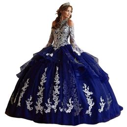 Quinceanera-Kleider, elegant, Prinzessin, Neckholder, lange Ärmel, schulterfrei, weiße Applikationen, Schnürung, Übergröße, Sweet 16, Debütantin, Party, Geburtstag, Vestidos de 15 Anos Q16