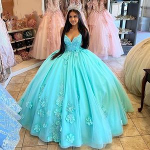 Quinceanera jurken elegante prinses lichtgroene diepe v-neck 3d bloemen baljurk met tule plus size sweet 16 debutante feest verjaardagsvestidos de 15 anos 43