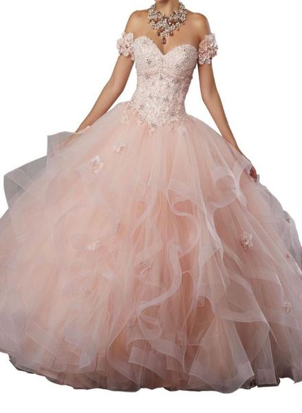 Robes de quinceanera Collier en forme d'épaule en dentelle jupe de fleur en dentelle multi-couche