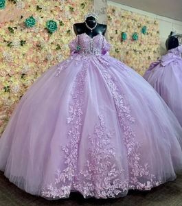 Quinceanera jurken lavendel prom feest baljurk off-shoulder 3d bloemen appliques tule kralen nieuwe aangepaste plus size veter applique zoet 16 jurk Vestidos de 15