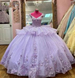 Quinceanera jurken lavendel prom feest baljurk tule kralen nieuwe aangepaste plus size veter-applique pailletten v-neck sweet 16 jurk vestidos de 15