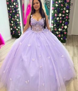 Quinceanera jurken lavendel prom feestje baljurk aangepaste ritsje veter up plus size nieuwe vestido de voor zoet 15 applique tule 3d bloemen appliques boog v-neck