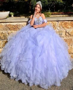 Quinceanera Jurken Lavendel Mouwloos Appliqué Tule Aangepaste Rits Veters Plus Size Nieuw vestido de voor Sweet 15 Sweetheart Kralen