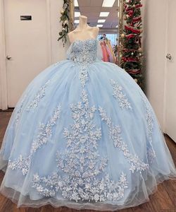 Robe de Quinceanera bleu clair, robe de bal, épaules dénudées, sans manches, en Tulle, fermeture éclair personnalisée, à lacets, grande taille, nouvelle collection