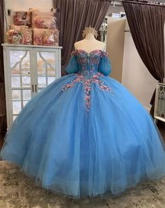 Quinceanera Jurken Lichtblauw Feest Schoolfeest Baljurk Tule Op maat Grote maten Rits Veters Nieuw Met kralen vestido de voor Sweet 15 Sweetheart Lovertjes