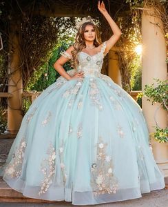 Quinceanera Jurken Feest Schoolfeest Baljurk Aangepaste Rits Veters Grote maten Nieuw vestido de voor Sweet 15 Appliqué Kralen Tule Off-shoulder 3D Bloemen Applicaties Mouwloos