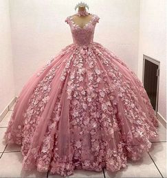 Quinceanera jurken roze baljurk dop mouw appliques 3d flora avond prom feestjurken 0509