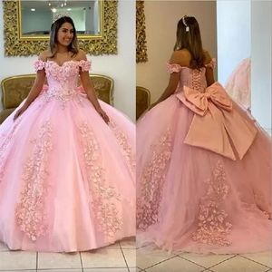 Quinceanera -jurken roze kralen met 3d kanten bloemen applique tule 2023 baljurkbandjes boog zoet 16 verjaardagsfeestje prom formal ocn avondkleding vestidos