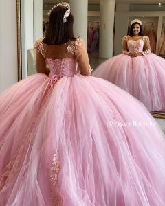 Quinceanera Jurken Roze Lange Mouwen D Bloemen Appliqué Kristallen Tule Korset Terug Pirncess Pageant Zoet Verjaardagsfeestje Jurk Sweep Trein Op maat gemaakt