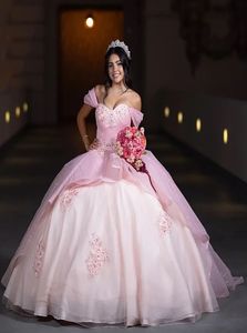 Quinceanera Jurken Roze Feest Schoolbal Baljurk Tule Op maat Grote maten Rits Veters Nieuw Met kralen vestido de voor Sweet 15 Appliqué Mouwloos Off-shoulder Strik met lovertjes