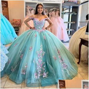 Quinceanera Jurken Prinses 3D Bloemen 2023 Off Shoder Applicaties Kralen Lace-Up Mexi Sweet 16 Jurk Vestidos De 15 Anos Drop Delivery Dhxow