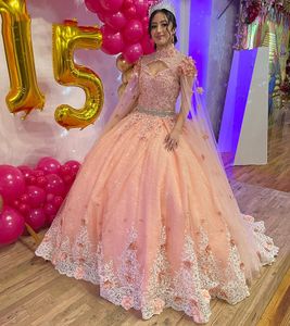 Quinceanera jurken prinses roze tippet appliques bloemen baljurk v-neck veter-up met tule plus size sweet 16 debutante feest verjaardagsvestidos de 15 anos 113