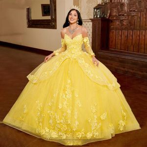 Robes De Quinceanera Princesse Jaune Appliques Col En V Spaghetti Sangle Robe De Bal avec Tulle Grande Taille Doux 16 Débutante Fête D'anniversaire Robes De 15 Anos 81