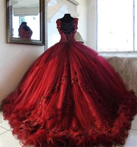 Quinceanera -jurken prom Dark Red Party Ball Jurk TULLE kralen nieuwe aangepaste plus size veter -applique pailletten Organza lieverd