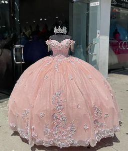 Quinceanera jurken prom feest baljurk 3d bloemen appliques aangepaste ritsje