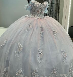 Quinceanera jurken prom feest baljurk 3d bloemen appliques applique tule aangepaste ritsje