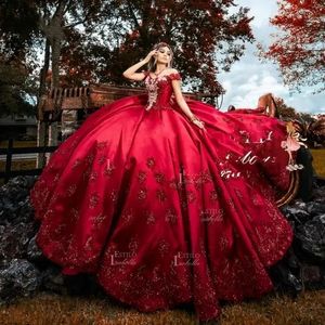 Quinceanera jurken rood van de schouderkristal kralen applique vestido de xv anos ball jurk prom jurk voor vrouwen