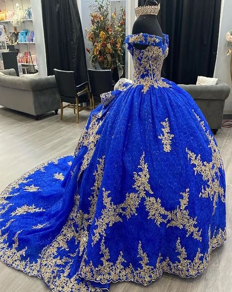 Vestidos de quinceañera Fiesta azul real Vestido de fiesta de graduación Tul Personalizado Tallas grandes Cremallera con cordones Nuevo Vestido con cuentas para dulce 15 Lentejuelas fuera del hombro