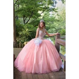 Robes quinceanera paillettes rose perle perle robe de bal douce 16 anniversaire fête appliquée v concours de cou de cou sur mesure