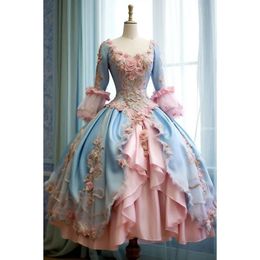 Quinceanera robes thé 3d lolita fleurs appliques longueur manches longues princesse claire clair bleu et rose bal de bal de bal robe ocn pour les femmes 2024