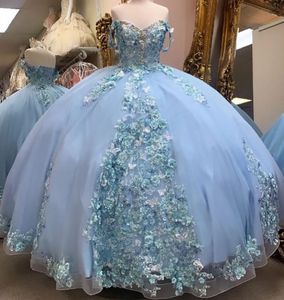 Quinceanera-jurken Vestido de voor zoet 15 lichtblauwe prom feestbal jurk off-shoulder 3d bloemen appliques applique crystal tule aangepaste ritsje