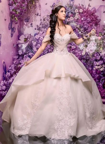 Quinceanera Robes Blanc Parti Bal Robe De Bal Personnalisé Fermeture À Glissière À Lacets Grande Taille Nouveau Robe De Pour Doux 15 Applique Perlée Tulle Hors Épaule Sans Manches