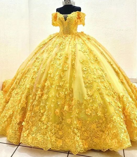 Robes quinceanera robe de bal jaune de bal de bal jaune à fermeture éclair personnalisée lacet up plus taille nouveau vestido de pour sweet 15 applique tulle 3d appliques florales off-épaule