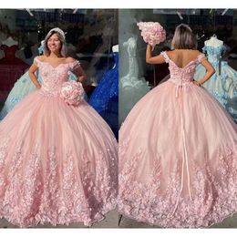 Quinceanera Floral Pink 3D -jurken kant met applique kralen tule swee trein riemen plooien zoet 15 16 verjaardag baljurk op maat gemaakt t