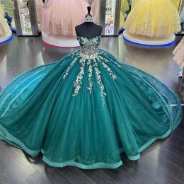 Quinceanera chasseur chérie robes en dentelle verte décolleté applique en tulle en tulle fait sweet 15 16 princesse vestiaire de robe de bal de bal