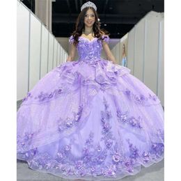 Quinceanera encaje 3d vestidos lilas lilas lente de lentejuelas de flores apliques volantes princesa dulce 15 vestido de fiesta de fiesta de fiesta de fiesta para niñas jóvenes