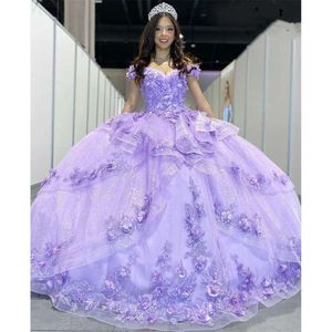 Quinceanera Lace 3D -jurken Lilac Glitter lovertjes Bloemen Appliques Lagen Ruches Princess Sweet 15 Dress Prom Party Pageant Ball Jurk voor jonge meisjes