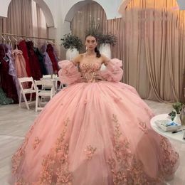 Quinceanera Lace Bow 2024 Roze applique kralen Tull Ball Jurk Off Shoulder Sweet 16 Dress Vestidos de XV Anos 15e verjaardag