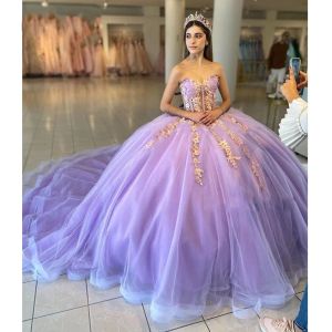 Quinceanera lavendel jurken D Bloemen kanten applique sweetheart halslijn sweep trein tule illusie aangepaste zoete prinses optheant baljurk vestidos