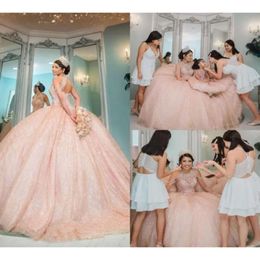 Quinceanera lichte jurken met roze kralen pailletten halter mouwloze vloerlengte tule korset terug zoet 16 feest prom ball avondvestidos