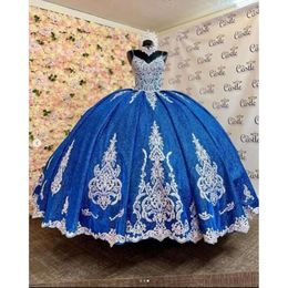 Vestidos de la marina de Quinceanera Lace Blue Apliques Spaghetti Straps Capilla Train Corsé dulce Dulce 16 Vestidos de fiesta de fiesta