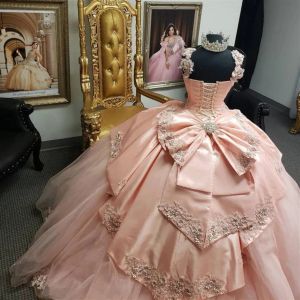 Quinceañera Rosa 2023 Vestidos ligeros Perlas Con cuentas Apliques de encaje Lentejuelas Correas Corsé con gradas Volver Satén Personalizado Dulce 15 16 Princesa Pageant Vestido de fiesta Vestidos