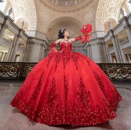 Quinceanera Red Sparkly Dresses With Removable Sleeves Vestido De Anos Ball Gown Mexican Girls Sweet Birthday Party Dress