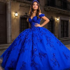 Quinceanera Royal Blue -jurken voor zoete 15 -jarige prom -jurken van de schouder lovertjes 3D Flower Birthday Party Dress