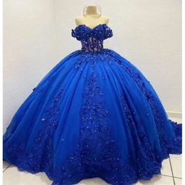 Quinceanera robes royales en dentelle applique bleu hors de l'épaule du train de balayage de balay