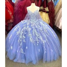 Quinceanera spaghetti riemen jurken lavendel kanten applique tule sweep trein korset terug zoet 16 feest prom ball avondvestidos