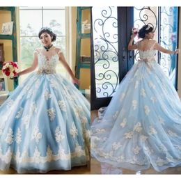 Quinceanera tule blauw schep kanten jurken hemel applique kralen pure nek op maat gemaakte prinses zoet 16 prom optocht baljurk vestidos