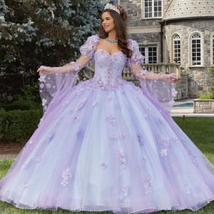 Quinceanera Vintage Lilac -jurken Sweetheart Flare Sheeve Sweet 16 Prom jurk 3D Flower Pearls Vestidos de 15 Quinceanera