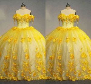 Quinceanera gele jurken D bloemen kant stoffen handgemaakte bloemen ruches kralen op maat gemaakte tule zoete prinses optocht baljurk vestidos