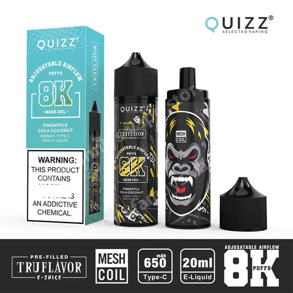 Quizz QD62V2 Stylo vaporisateur rechargeable à dosettes jetables 8000 hits 20 ml bâton portable 5% kit de démarrage e-liquide vaporisateur 650 mah 20 couleurs