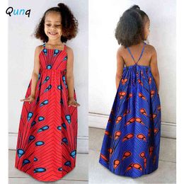 Qunq meisjes Afrikaanse stijl jurk zomer mouwloze kinderen strand vakantie jurken voor meisje baby peuter kinderen prinses kostuum G1218