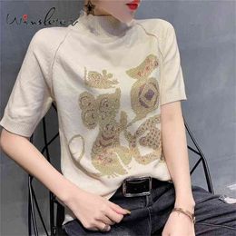 "Chinese stijl knitwear muis jaar fu woorden diamanten halve turtleneck korte mouw losse trui tops trui casual" T01705 210421