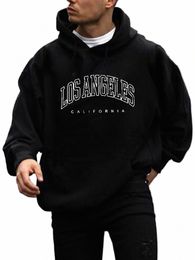 Warme fleece hoodie met "los Angeles"-print en kangoeroezak, casual herensweatshirt met capuchon - Casual Fi voor heren v5qk#